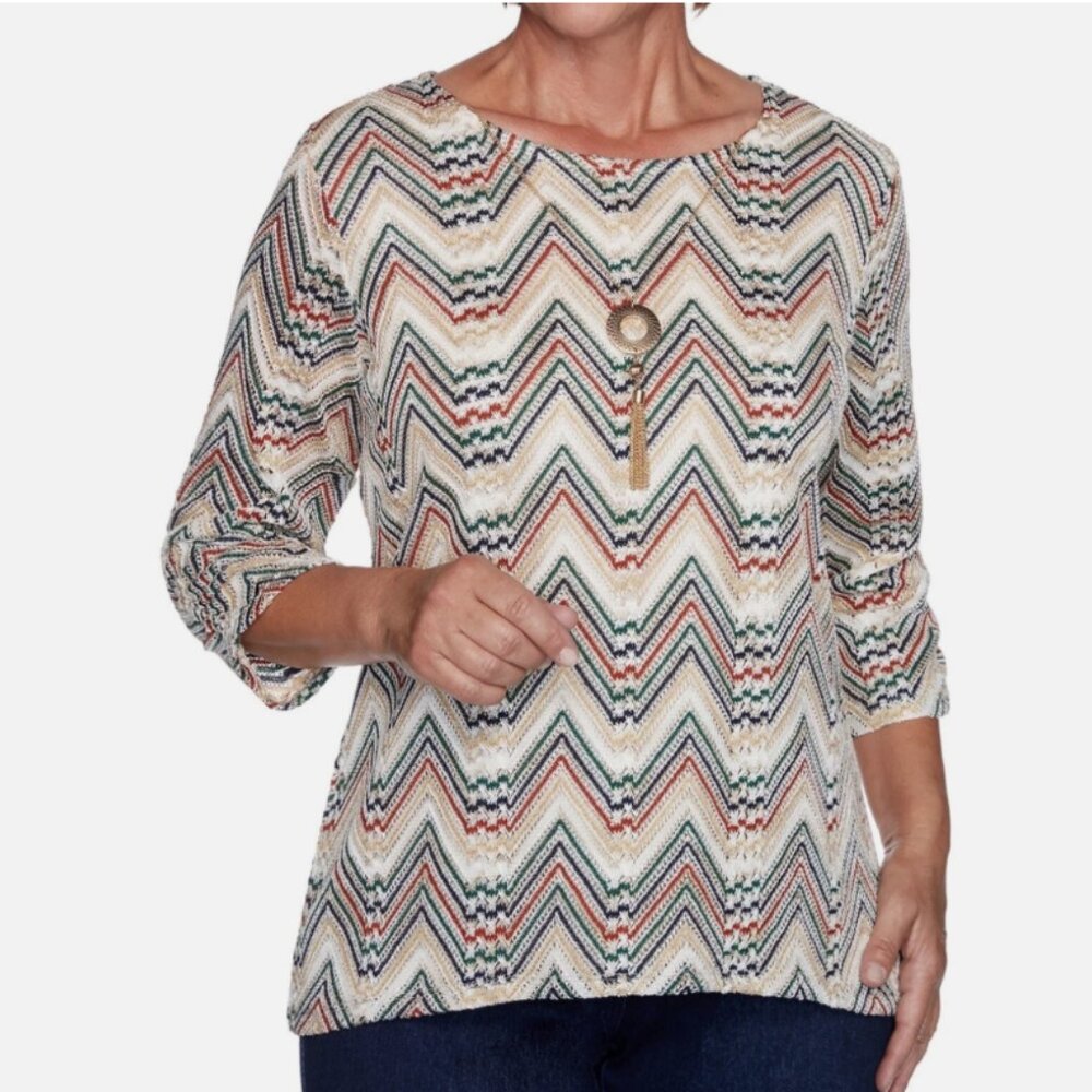 New Alfred Dunner size Large Gold Necklace Chevron Zigzag‎ Knit Top Preppy